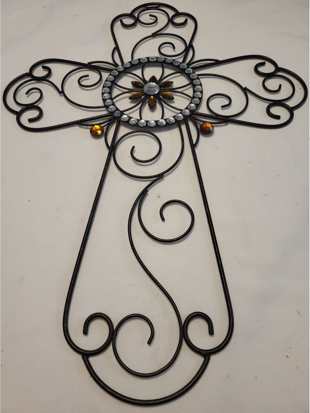 Decorative Black Metal Wall Cross with Amber and Clear Accents 26x19"